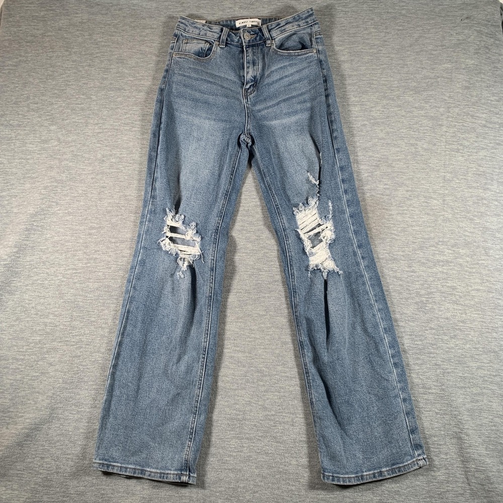 Almost‎ Famous Jeans Womens Juniors 1 Blue High Rise Straight Distressed 26x29.5